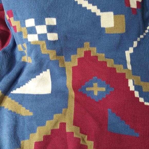 Vintage Country Suburbans Blue Tan Geometric Print Knit Grandma Sweater Sz Large - Picture 3 of 5
